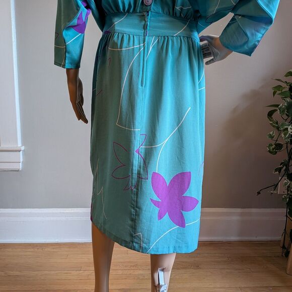 Vintage 80s Secrets Blue Floral Midi Dress Drop Waist Shoulder Pads Size 10 - Picture 9 of 10